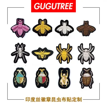 

GUGUTREE India silk embroidery gold brown pink white bee spider beetle patches badges applique patches for clothing DZP-93