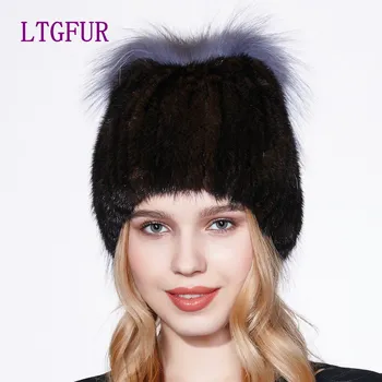 

LTGFUR2017 Fashion fur hat Knitting Caps Winter Warm Women Mink hats Vertical Weaving With Fox Fur And Leather On The Top