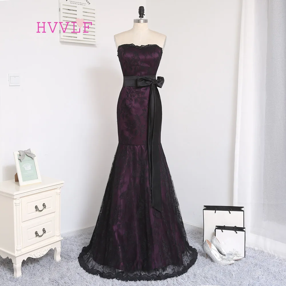 

HVVLF Purple Black Evening Dresses 2019 Mermaid Sweetheart Satin Lace Backless Long Evening Gown Prom Dress Prom Gown
