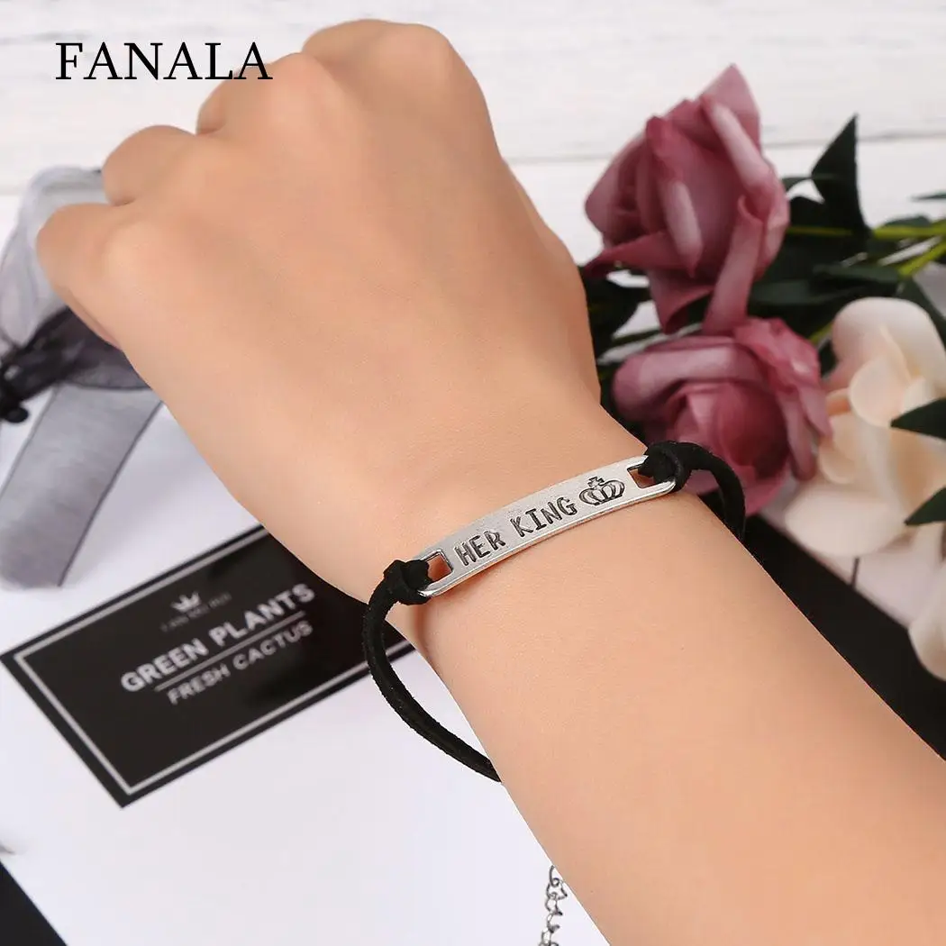 

Queen His Her King Letter Carved Bracelets Couple Crown Pattern Rope Bracelets