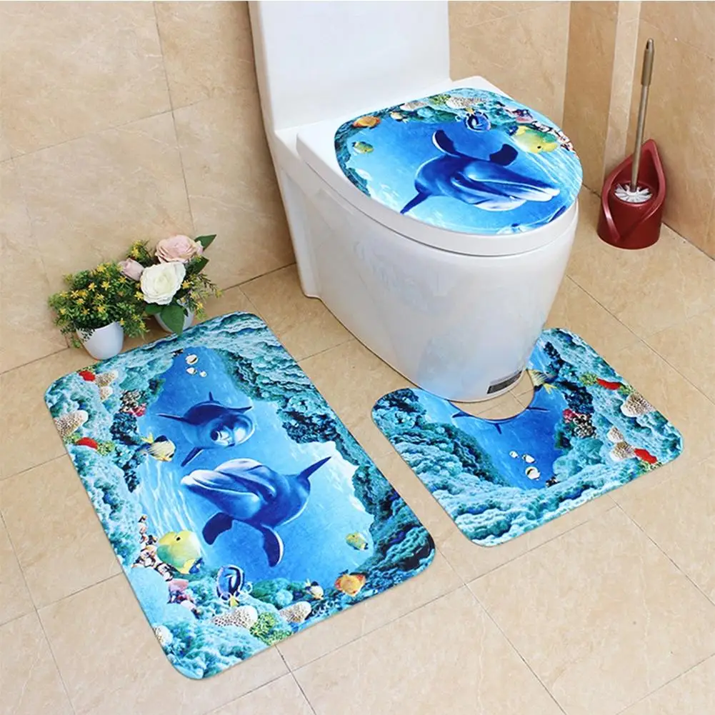 

LanLan 3Pcs/Set Cute Creative 3D Sea Ocean Fish Shell Animals Bathroom Rug Toilet Lid Cover Mat Set