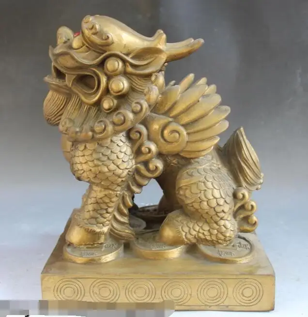 

S4813 13" Chinese Bronze FengShui Animal Dragon Beast Unicorn PiXiu kylin Money Statue discount 30% (C0324)