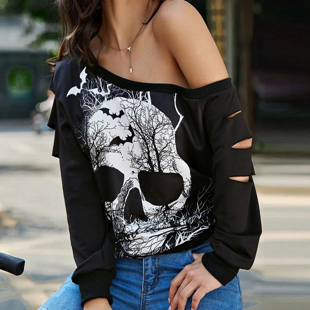

2019 Women vintage skew collar Shirt Fashion Lantern Sleeve Blouse Women Skull Bat Print Hollow Out Tunic Shirt camisa A3