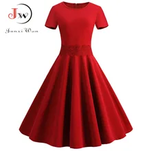 Женское вечернее платье Лето 50s ретро Винтаж платье с красным кружевом короткий рукав элегантная Повседневное рокабилли качели Миди платье размера плюс