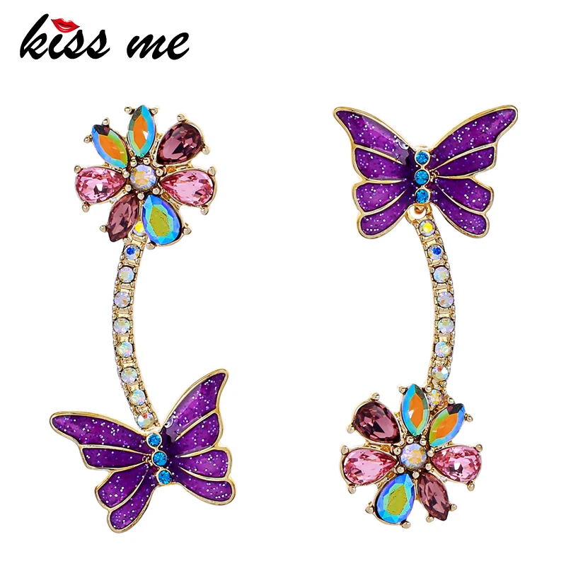 

KISS ME Asymmetric Women Earrings 2019 New Purple Enamel Butterfly Flower Earrings Fashion Jewelry