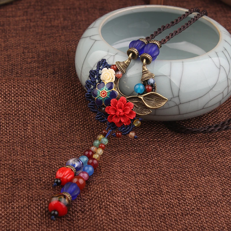 Плетеное модное винтажное ожерелье с кисточкой ручной работы, Женские Ювелирные изделия с цветами lapis, новое этническое ожерелье в технике клуазоне
