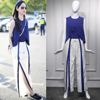 

2018 Summer Women Celebrity Street Fashion Blue Ruffled Tank Top and Buttons Slit Wide Leg Pants