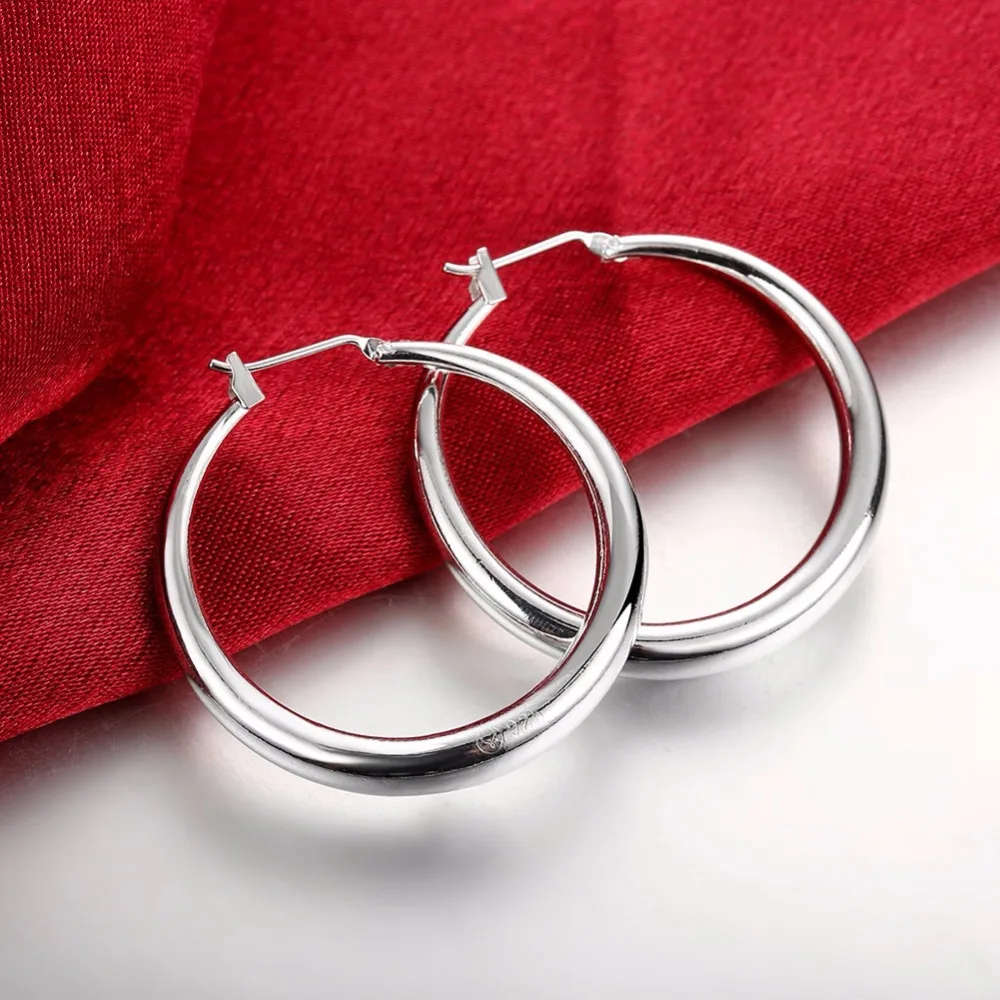 

3.4cm Big Solid circles Hoop earings High quality 925 stamped silver plated de Prata brinco woman's 2017 new Fashion Jewelry