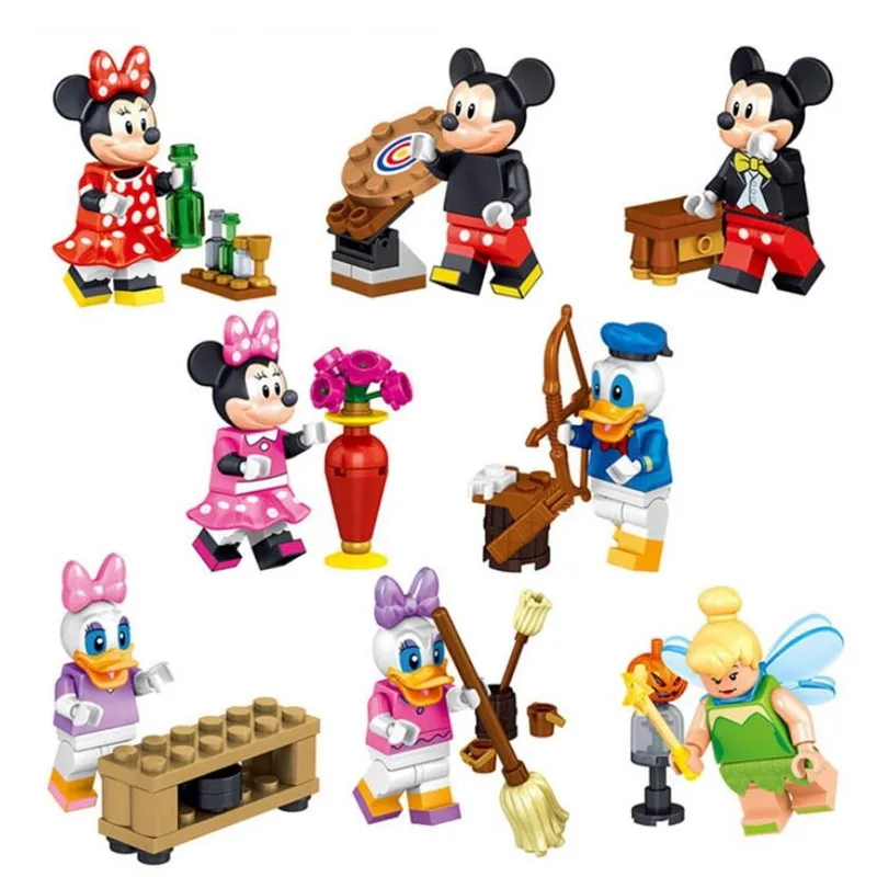 

Cartoon Minnie Michael Figure 8pcs/lot Donald Duck Daisy Tinker Bell Model DIY Gifts Building Blocks Toys For Children legoings