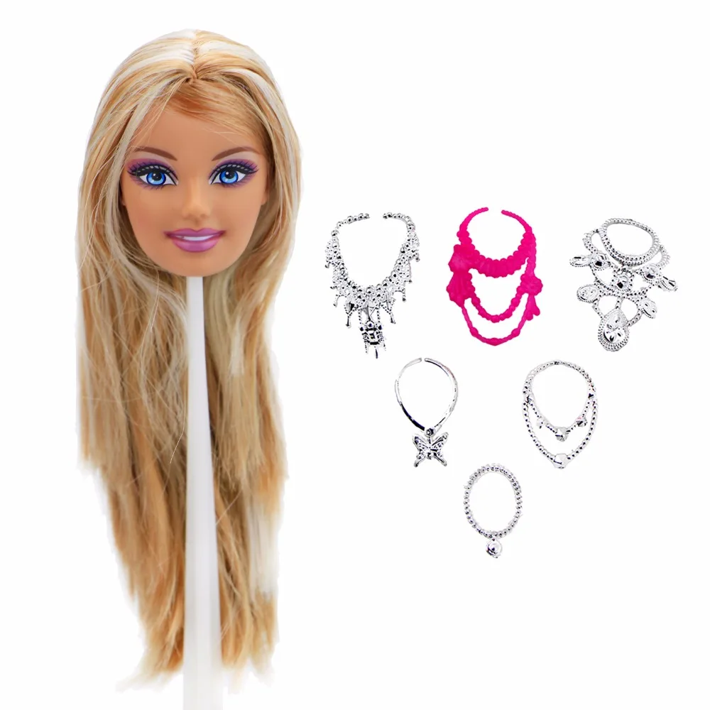 7 шт. = Fashion Doll глава розовые губы прямые волосы + случайный 6x Пластик Цепочки и ожерелья для 1/6 12