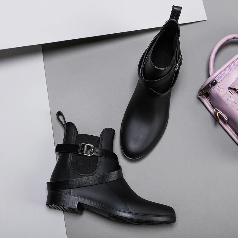 SWYIVY Rainboots Shoes Lady Handsome Ankle Boots 2018 New Belt Buckle Woman PVC Waterproof Rain Boots Pointed Toe Rainboots