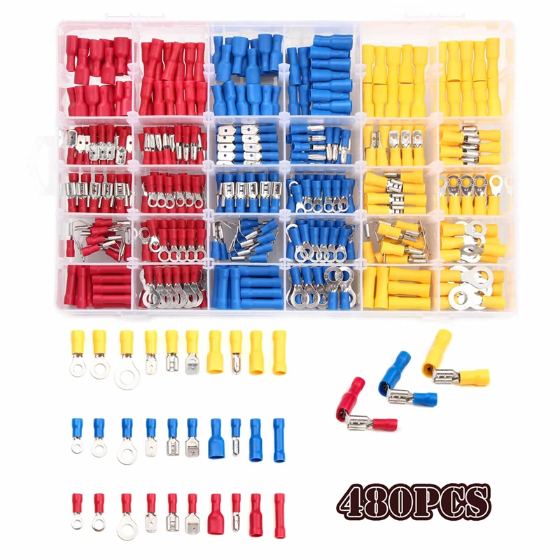 

480Pcs Terminals Connector Assorted Insulated Butt Spade Piggy Back Butt Splice Electrical Wire Terminal Crimp Connector