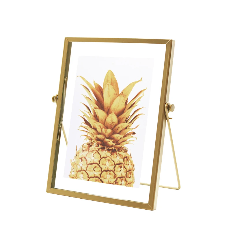 Marco de fotos de Metal y cristal dorado plegable de alambre de escritorio con cuadros de latón para retratos y paisajes Marco de fotos de Metal y cristal dorado plegable de alambre de escritorio con cuadros de latón para retratos y paisajes
