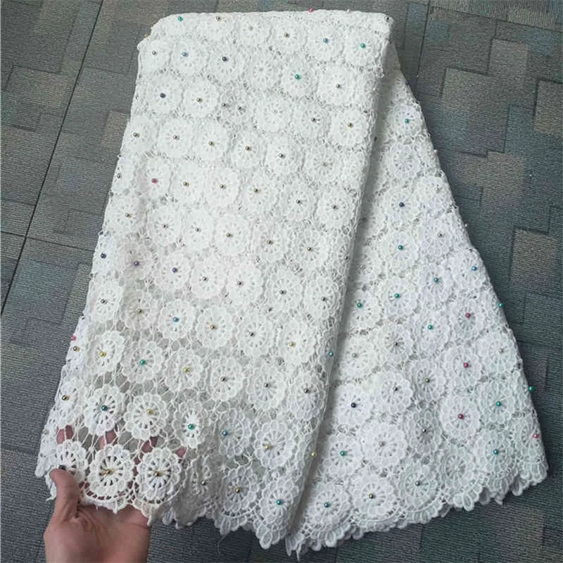 

Factory Price latest lace fabric High quality African lace with stones Pearls in White for Ghanaian Wedding Dresses NX1198