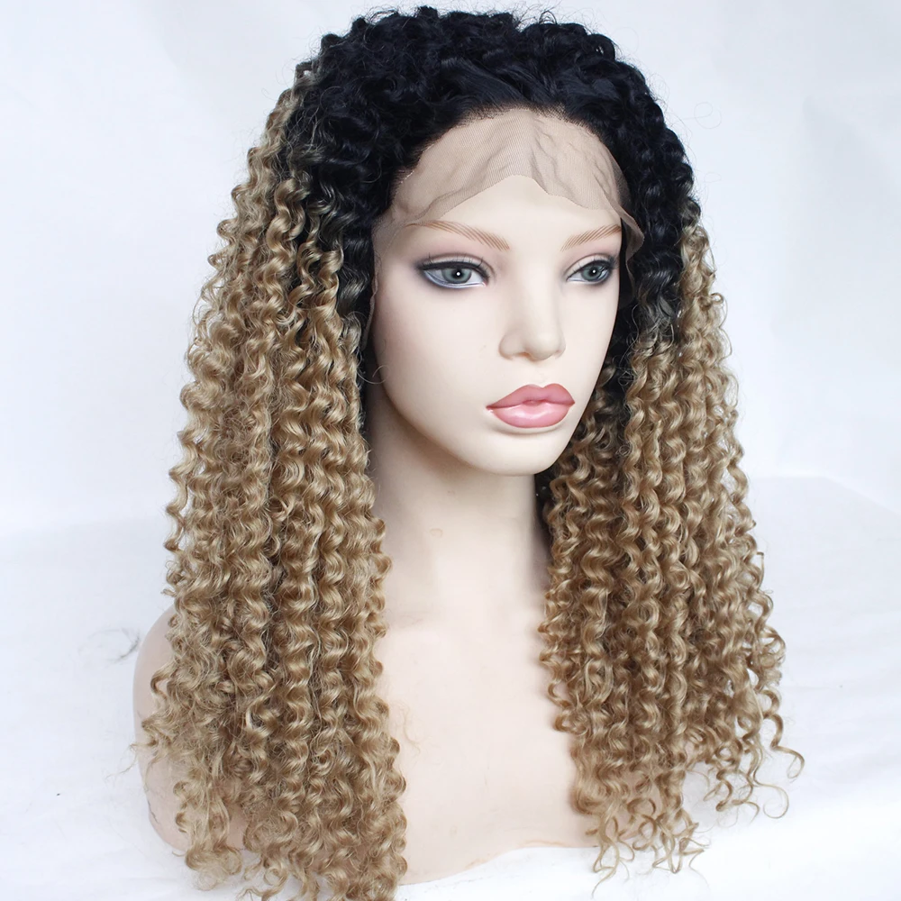Афро кудрявый парик Синтетический кружевной передний Омбре медовый блондин парик без клея свободная часть 1B/27 Термостойкое волокно черный женский парик