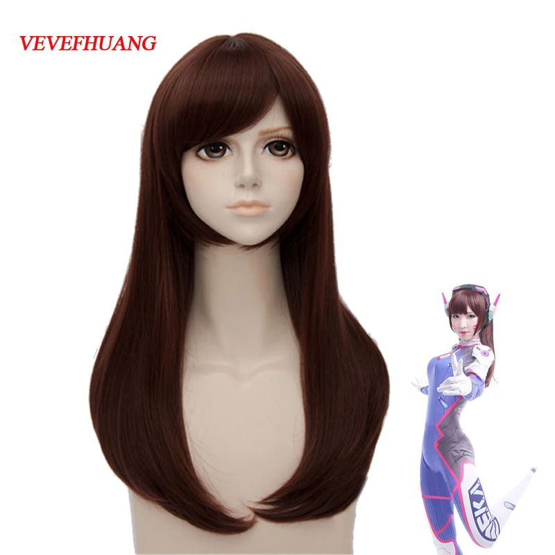 

VEVEFHAUNG Game OW DVA D.va Copslay Costume Brown Colour Hana song Wig Peruca DVA Cosplay Long Women 65 cm Wigs