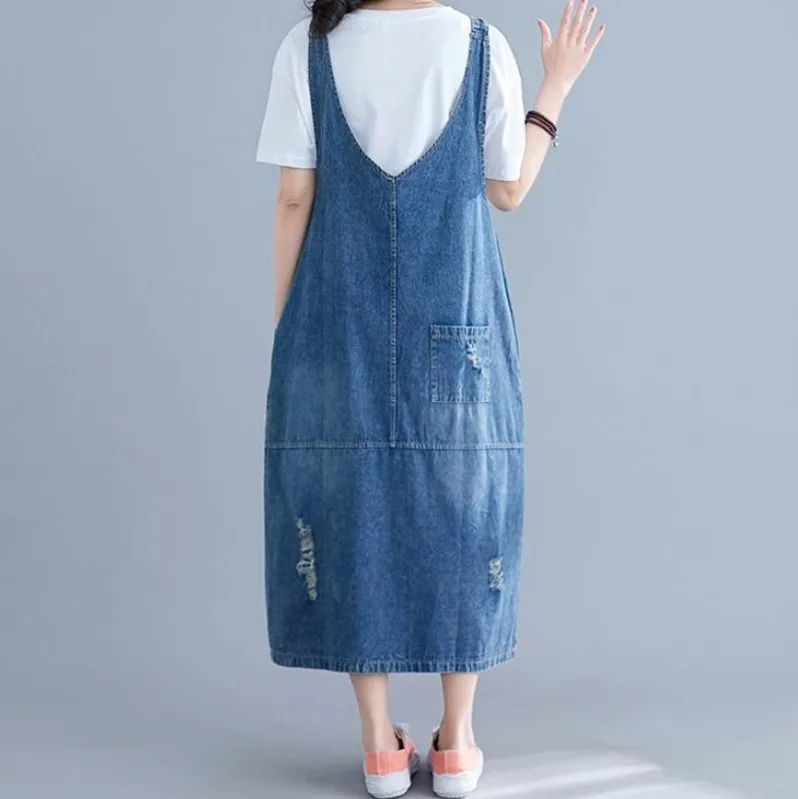 0406 Overalls Suspender Denim Dress Women Loose Plus Size Backless Spaghetti Strap Jeans Dress Female Vestidos Casual Summer