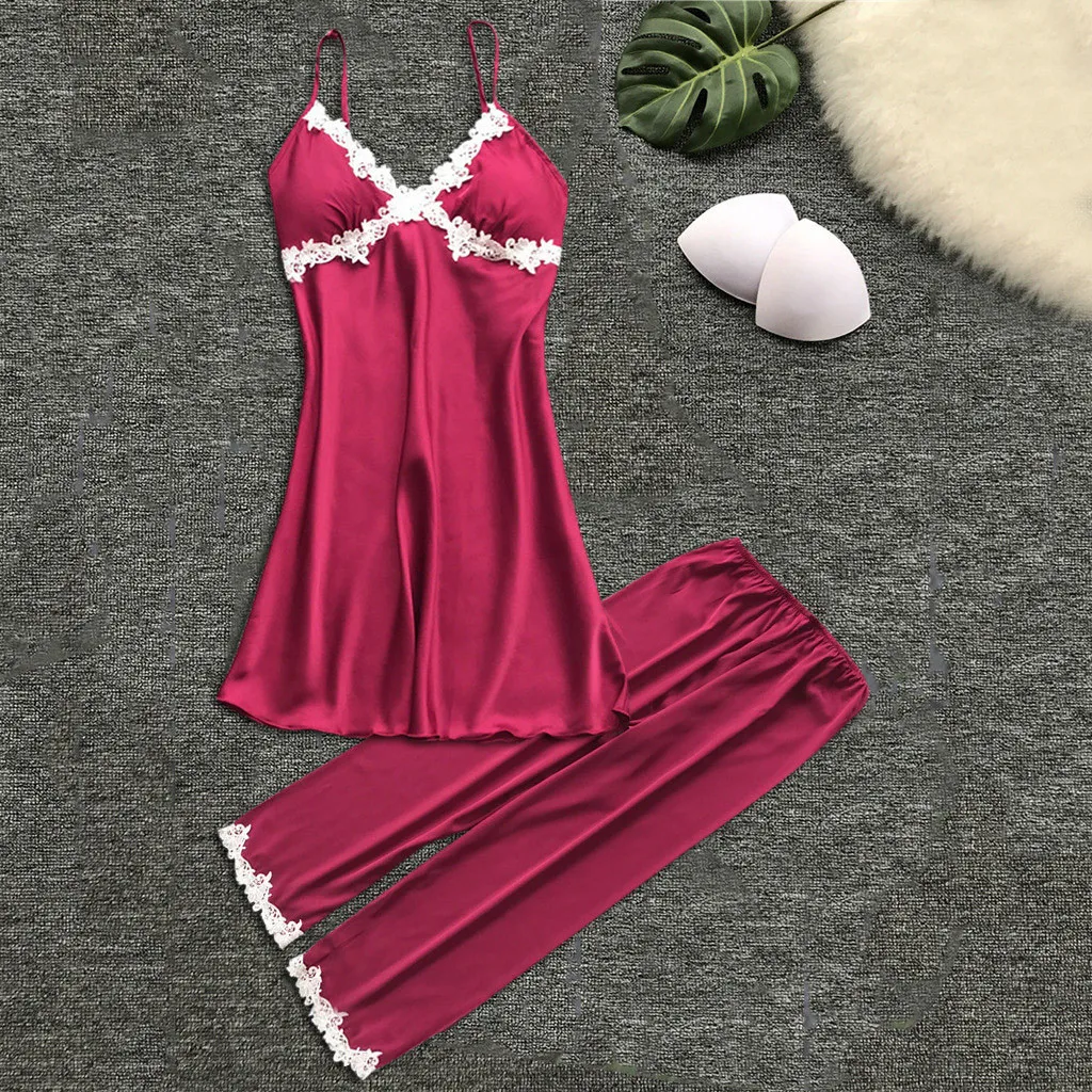 

Ladies Sexy Silk Satin Pajama Set Lace Pyjama Set Sleeveless Pijama Set V-neck Sleepwear Summer Home Wear Sleep Wear For Women