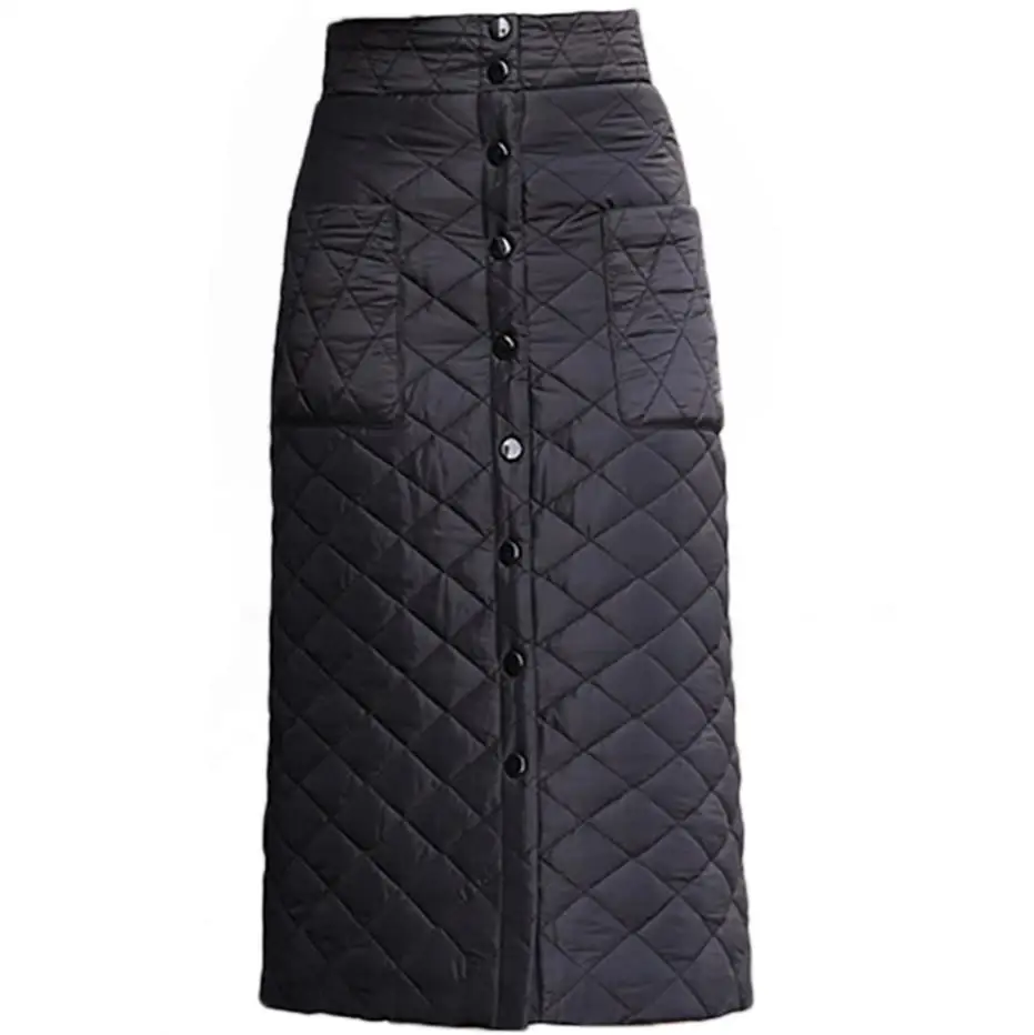 Пуховая Хлопковая женская зимняя юбка размера плюс 3XL, облегающая юбка с карманами на пуговицах, плотная Теплая юбка с высокой талией, элегантная юбка
