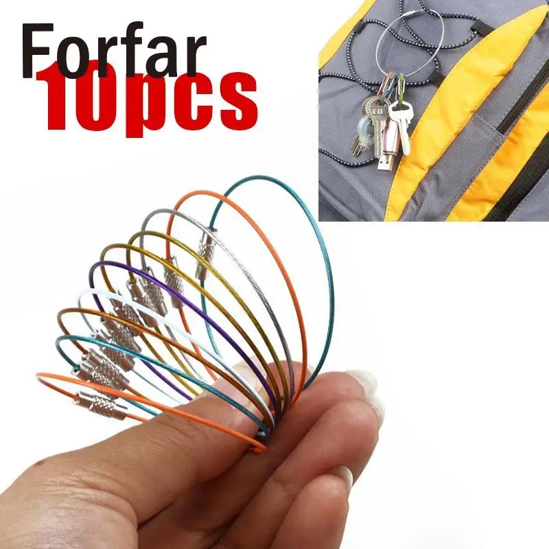 

10pcs Outdoor Hiking Mixed Color Stainless Steel Wire Rope Keychain Cable Key Ring Keyring Holder Tool with Screw Lock Camping