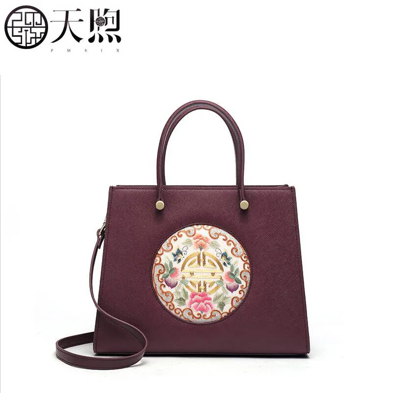 

PMSIX high quality fashion luxury brand hand embroidery bag female 2019 new red handbag leather handbag slung shoulder bag