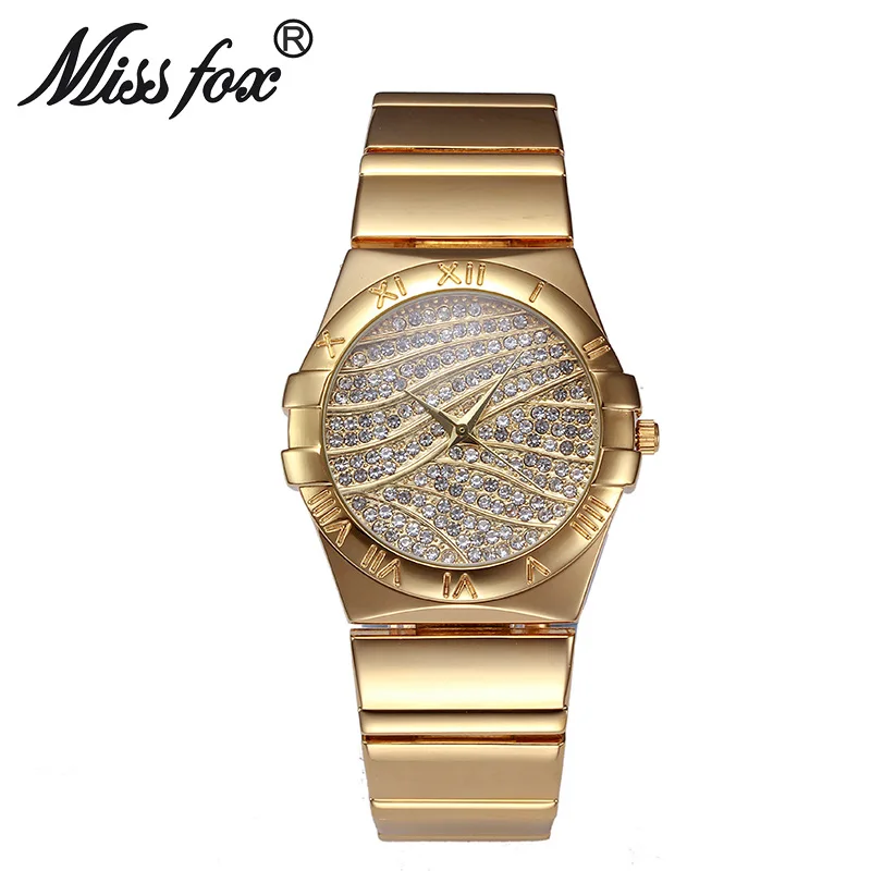 Miss Fox брендовые модные часы с римскими цифрами, золотые кварцевые женские часы с бриллиантами, женские часы, стразы, Часы Montre Femme