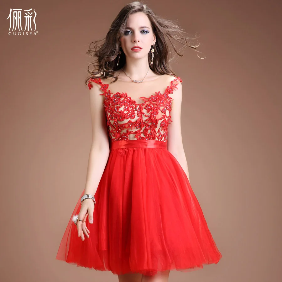 2015 Beautiful Ball Gown High Quality Chiffon Dress V Neck Red Knee ...