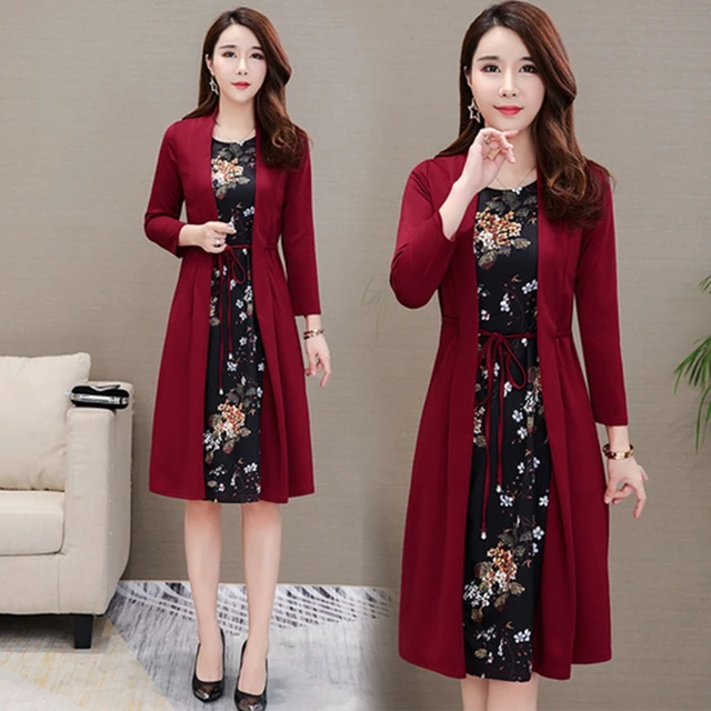 Casual Knee-Length Dress Women Long Sleeve Flower Print Autumn