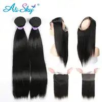 Raw Indian 2 Bundles Straight Hair Bundles with 360 lace Frontal Pre plucked with Baby Hair Free Part Ali Sky Remy 3PCS