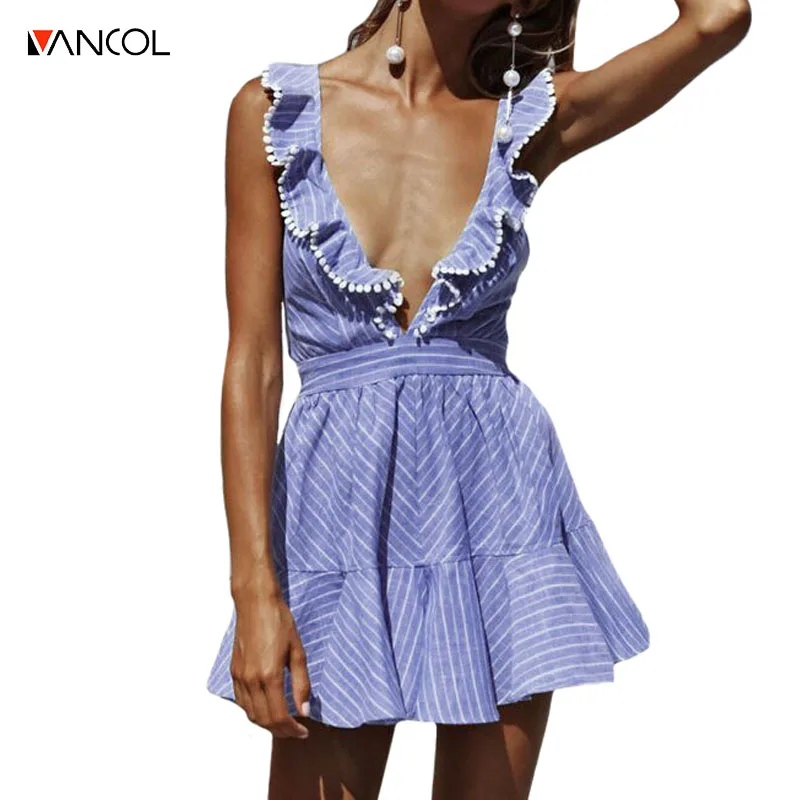vancol 2017 summer Sexy off shoulder ruffles Striped print cotton dress deep v neck party women Elegant beach cute mini dresses | Женская