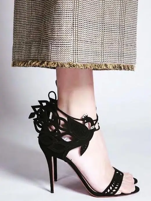 

Fashion Black Suede Leather Sandals Luxury Crystal Peacock Ladies Sexy Lace Up High Heels Cut Out Style Female Dress Shoes Size9