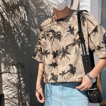 

2019 Summer Korean Men Casual Loose Maple Leaves Printing Cotton Tops Tee Round Neck Short Sleeve White/khaki T-shirt Homme M-XL