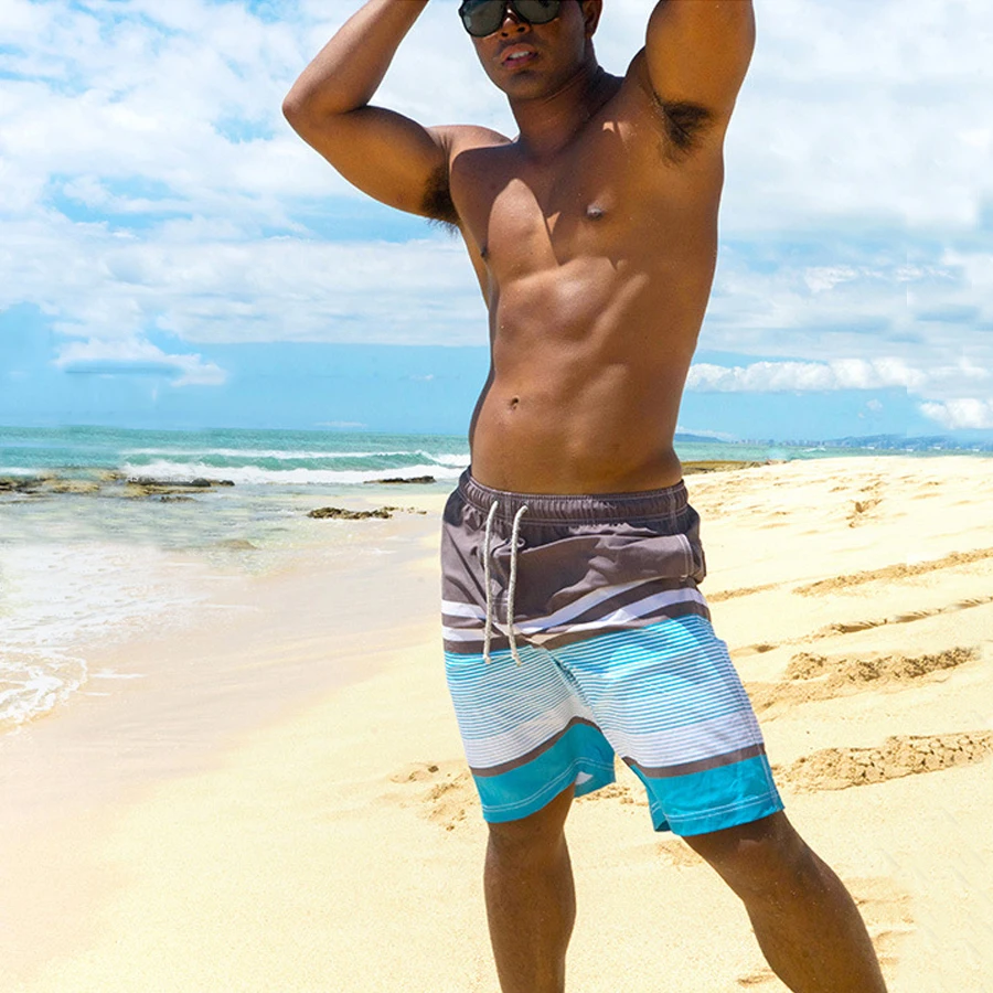 Buy Striped Board shorts men swimwear male beach surf