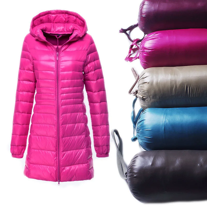 Autumn Winter Women Ultra Light Down Jacket Long Hooded Warm Coat 90