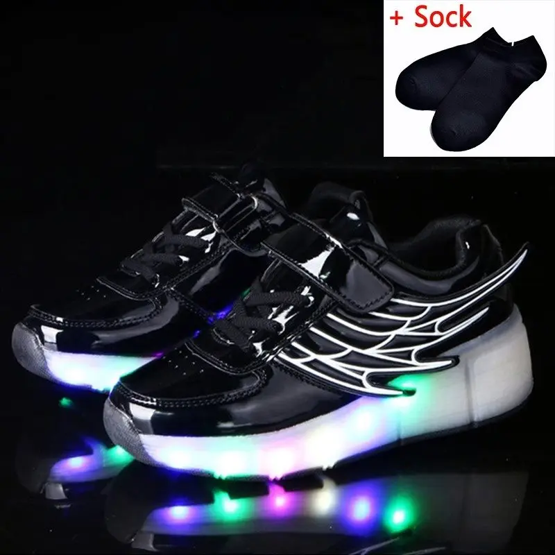Для маленьких мальчиков обувь для девочек кроссовки со светодиодами; колеса обувь с подсветкой; кроссовки с светодиодный светильник для маленьких девочек возрастом роликовых коньках обувь - Цвет: black K02