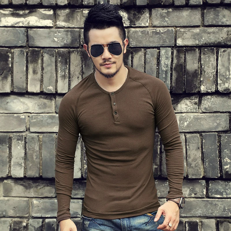 

Men new spring winter Henry collar long sleeve cotton T-shirts metrosexual men brand casual men slim European style t shirt