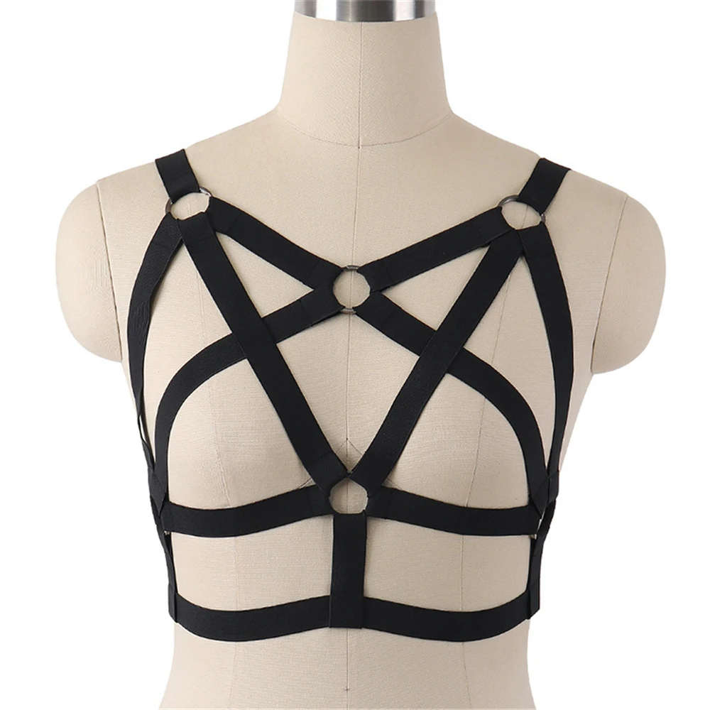 Sexy Women Black Gothic Elastic Cage Bra Erotic Lingerie Harness Hollow Strappy Bandage Bra Sexy Open Punk Body Harness Belt