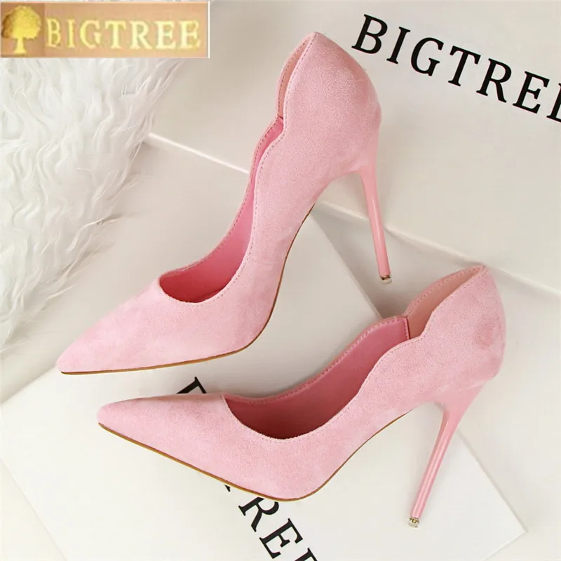 

BIGTREE 2018New Arrival Sexy Pointed Toe Office Shoes Women's Concise Solid Flock Shallow High Heels 10cm Shoes for Women
