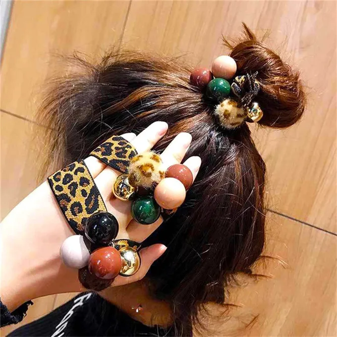 Korean Women Elastic Hair Rope Leopard Pearl Elastics Hair Rubber for Ladies Stretchy Rainbow Hair Band