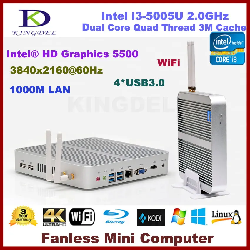  2016 Fanless pc Intel Core i3-5005U mini home computer with 8G RAM+500G HDD, 4K HD,HTPC,WIFI,USB.3.0, Windows 7 