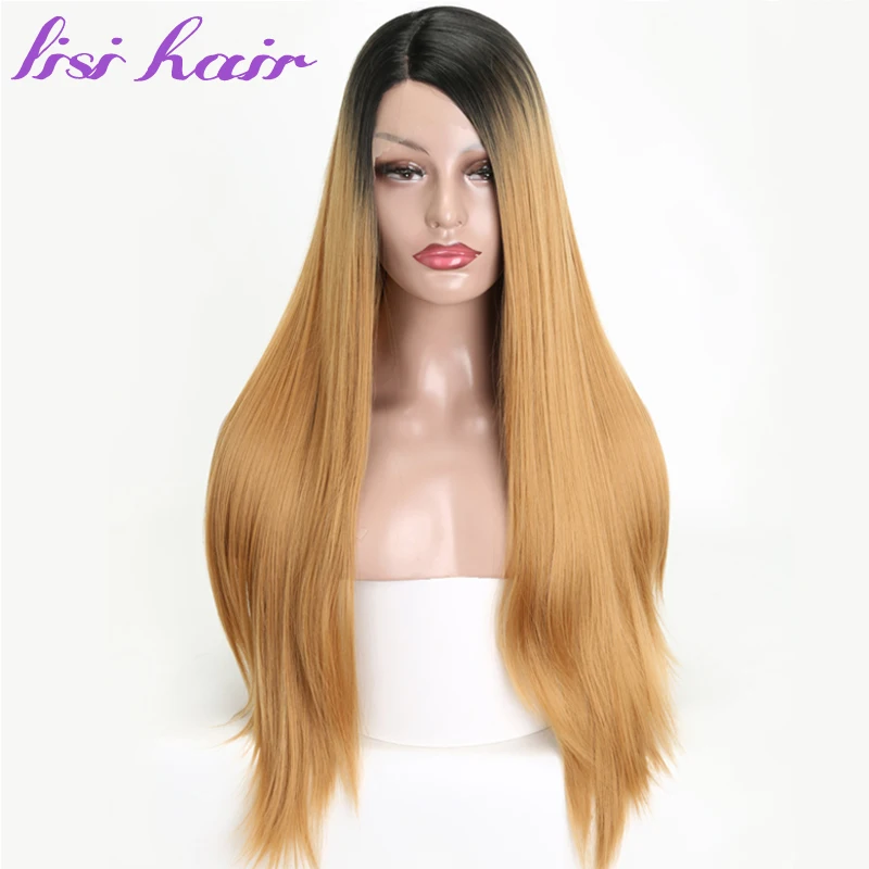 LISI HAIR Long Straight Synthetic Front Lace Wig For Black Women Hair 26 inches Black Golden Cyan Pink 4 Colour African America