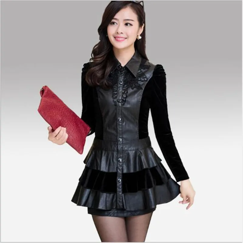 Noir Taille En Nouvelle Veste Pu De Décontracté Grande Longs L Robe Femmes Couture Volants 2019 Cuir Automne Mode Qv511 Revers 4xl wI8gWT