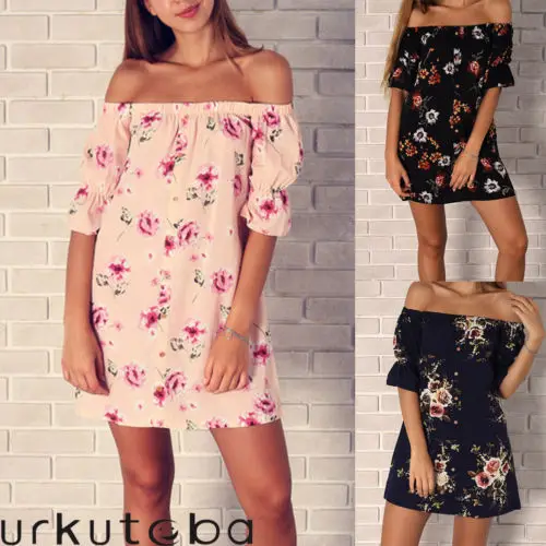 

2018 Summer Women Sexy Off Shoulder Long Sleeve Loose Printed Tops Mini Dress