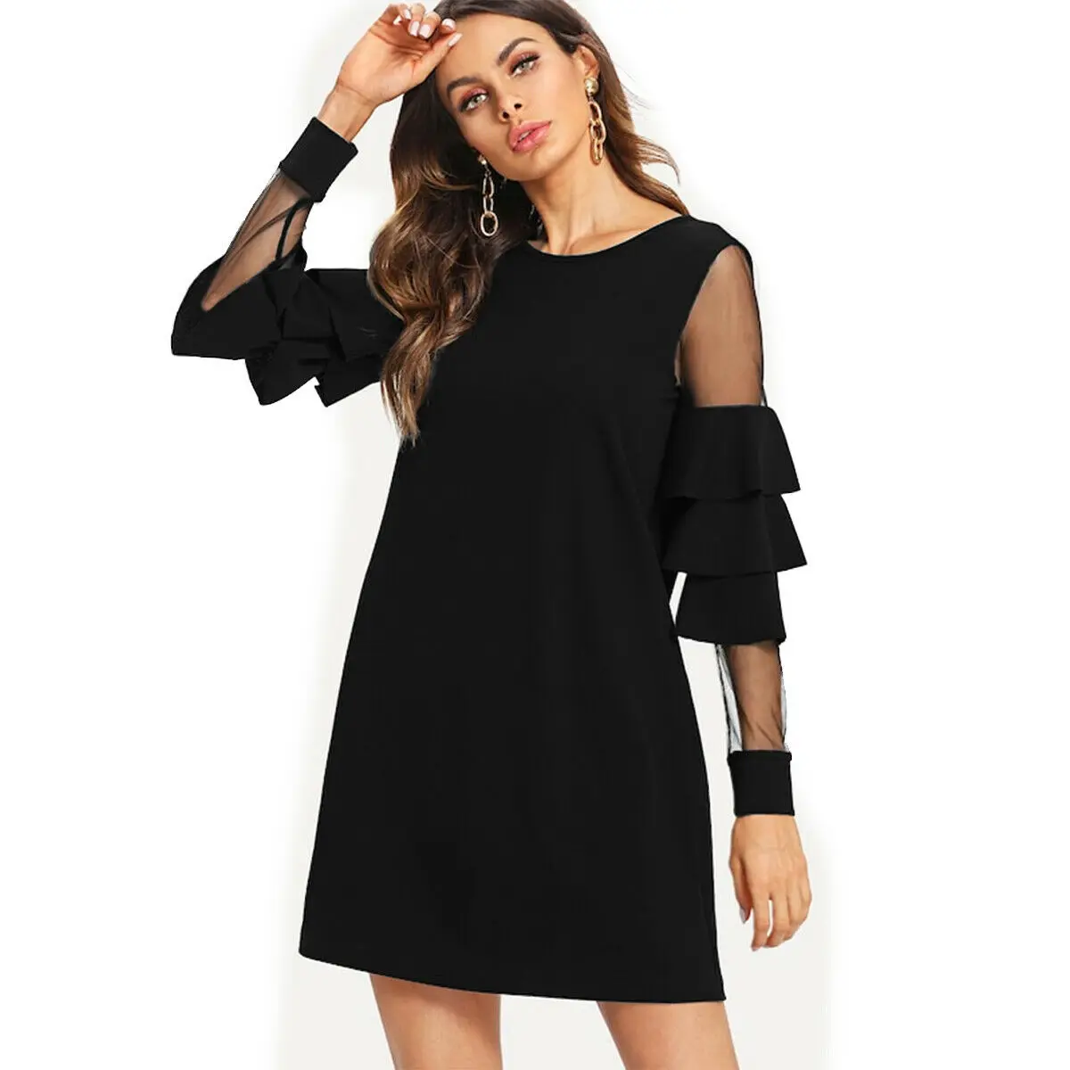 

Plus Size 2019 Summer O-Neck Fashion Women Solid Dress Long Sleeve Ladies Casual Loose Hollow Solid Short Dresses