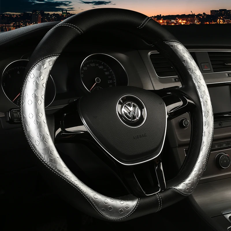 

KKYSYELVA D Shape Auto Car Steering Wheel Cover Leather 38CM Steering-Wheel covers Interior accessories