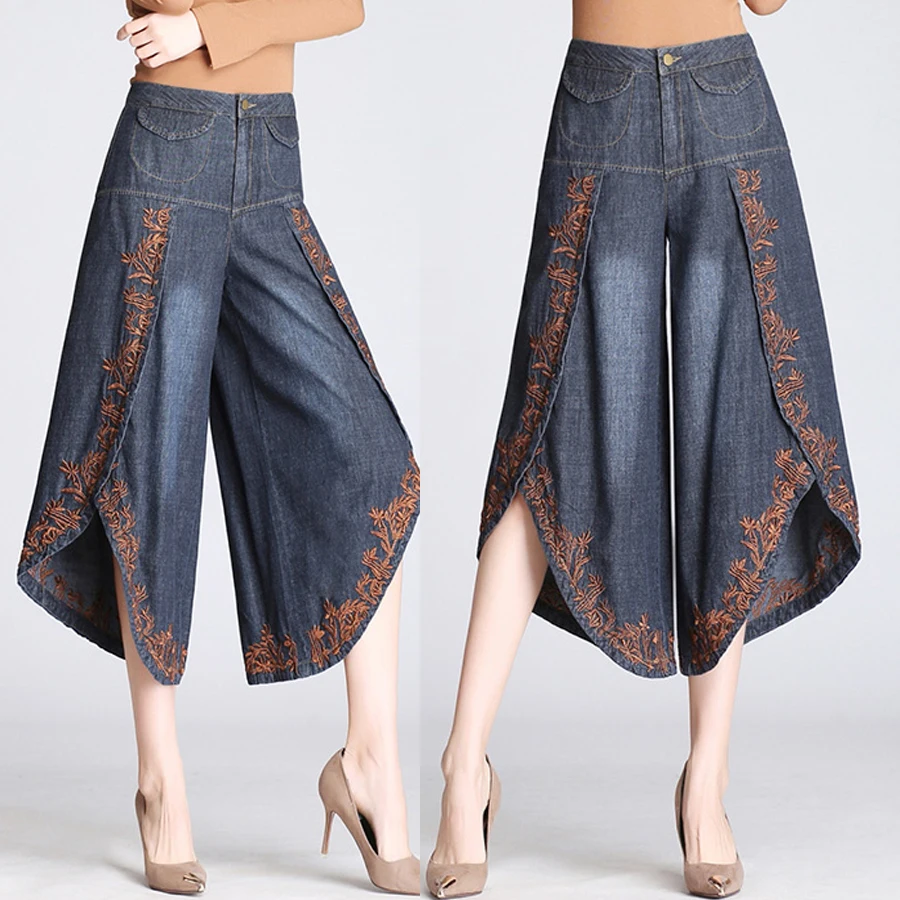 

Summer Spring Casual Women Embroidery Irregular Calf Length Denim Trousers , Female Woman Wide Leg Loose Jeans Pants