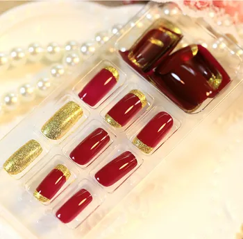 

Red Colour with golden Side Shiny Surface False Nails 24 pcs Square Manicure Middle Fake Nails for Women Fingers Full Cover