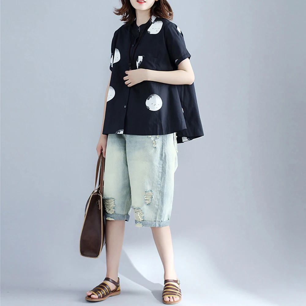 Spring and summer new style Loose short sleeve printed shirt Polka dot printed short-sleeved top