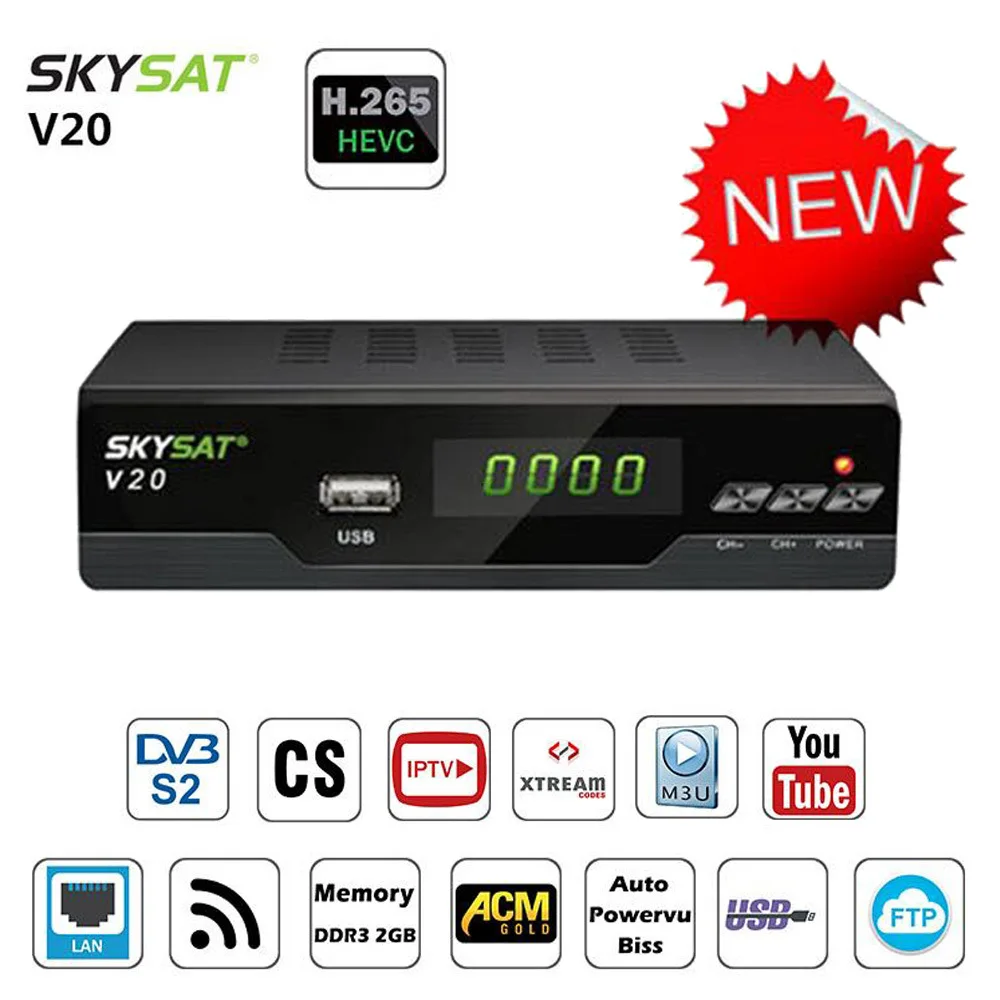 

SKYSAT V20 DVB-S2 Satellite Receiver H.265 HEVC TV Tuner LAN Support Cline Newcamd Mgcam IPTV M3u Youtube Autoroll Powervu Biss