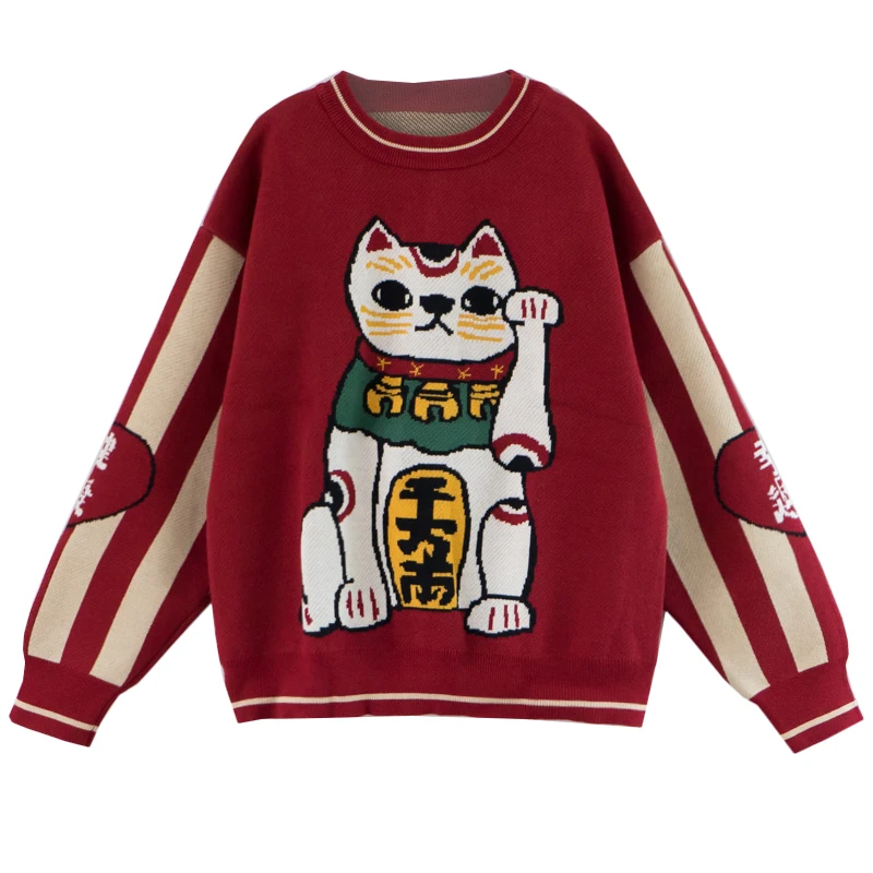 Новинка, китайский стиль, утолщенный красный пуловер,, весенний свитер, Lucky Cat, хлопок, вязанный Топ, Повседневный, высокое качество, теплый, зимний - Цвет: Красный